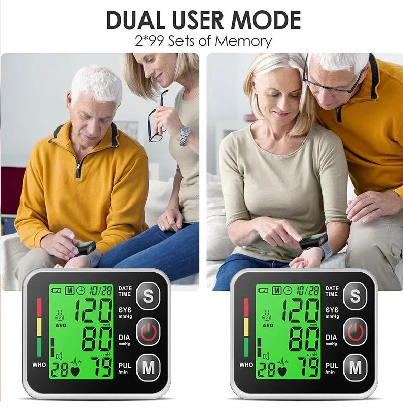 Wrist Digital Blood Pressure Monitor Heart Rate Pulse Meter Measure Sphygmomanometer LCD Screen Portable Health Care Tonometer