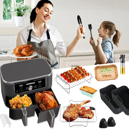 Air fryer accessories set with silicone baking molds, racks, tongs, brush, and clips
