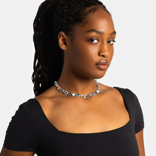 Silver multi-color gemstone choker on model, square halo stones with pearl accents