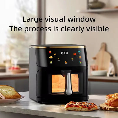 Black electric air fryer with large front viewing window and silver handle, digital control panel