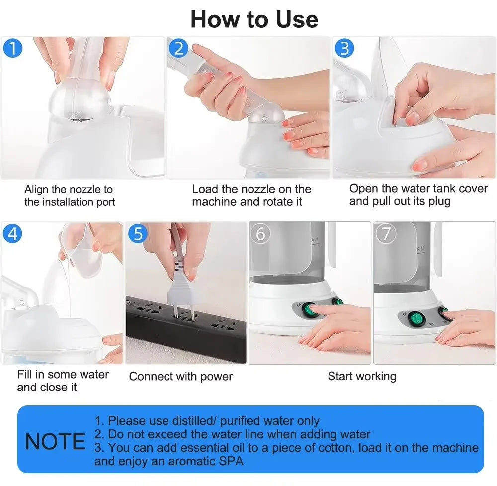 Step-by-step guide for white nano facial steamer, portable spa sprayer for deep pore cleansing and home skin care.