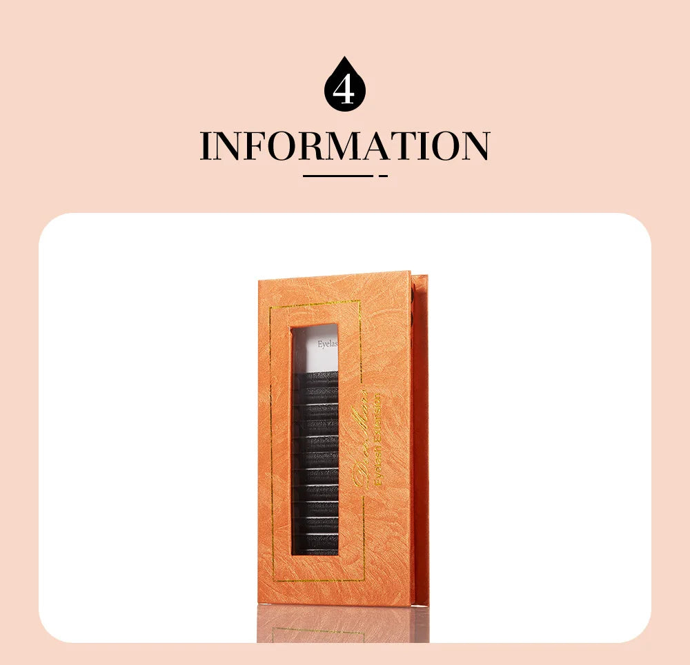 DeceMars 6D-W shaped black eyelash extensions in an orange, textured rectangular display box with a viewing window.