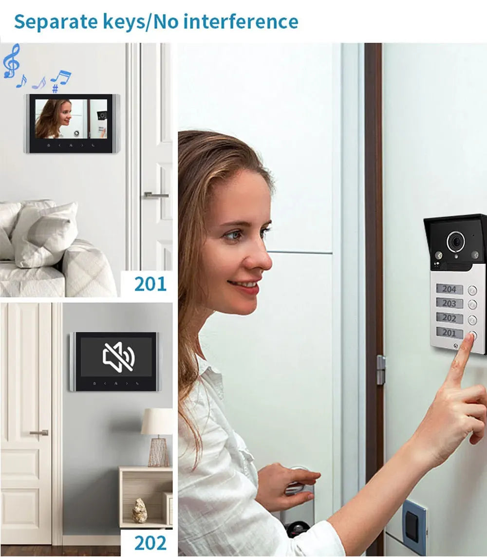 7 Inch LCD Video Doorphone Intercom Wide Angle Waterproof 1080P Camera Doorbell System for 2/3/4 Apartment Family Access Control
