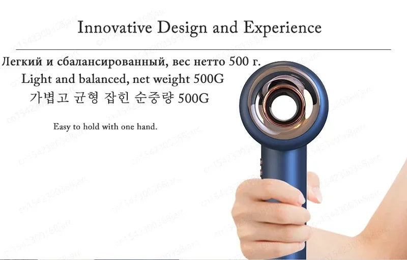 Lightweight 500g navy blue leafless ionic hair dryer for fast, professional styling with ergonomic hand-held design.