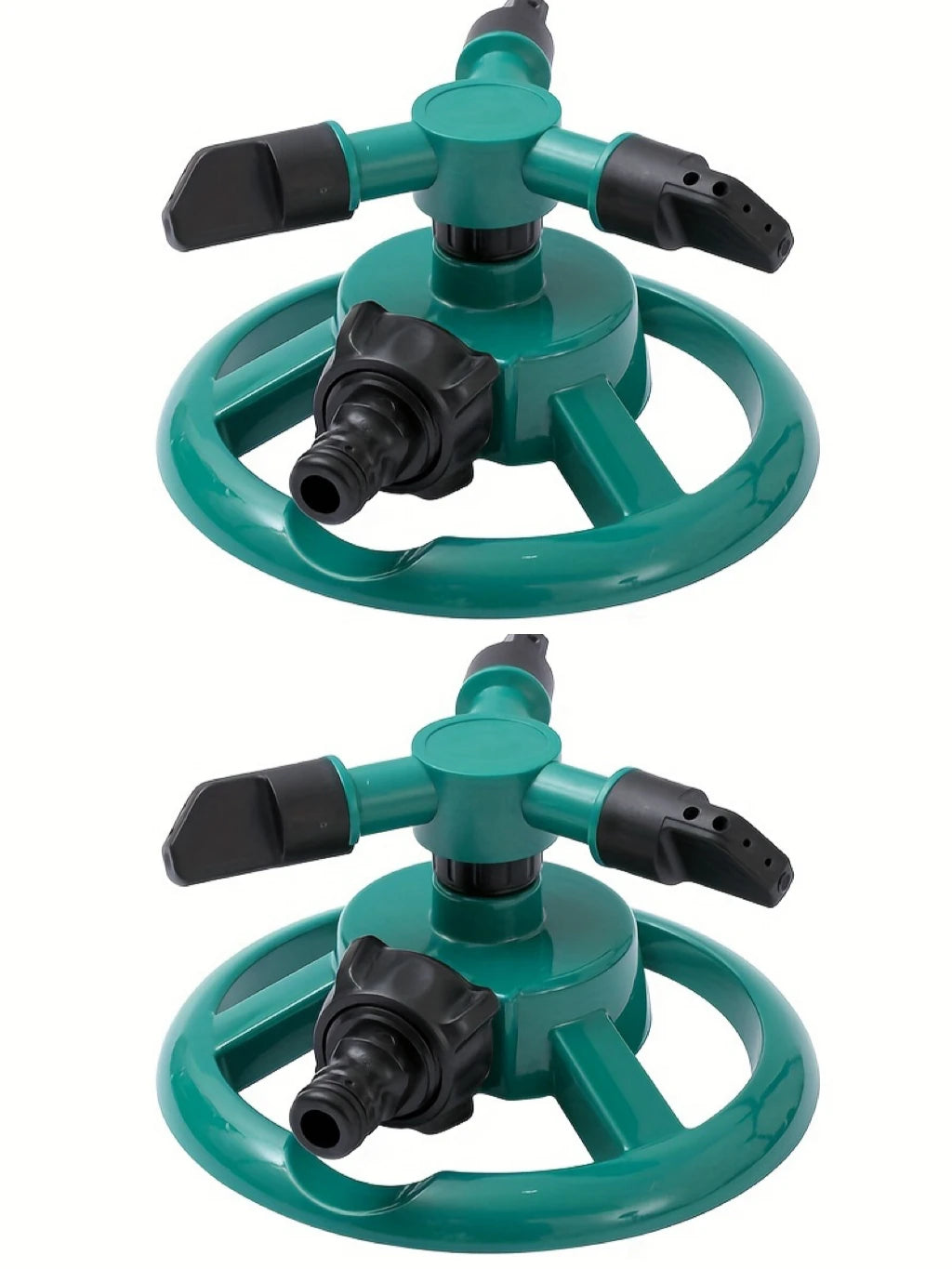 Green rotating lawn sprinkler nozzle with black outlets and hose connector