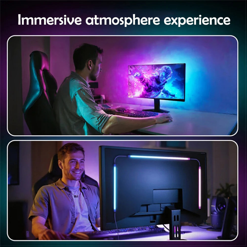 RGB light strip sync around a desktop monitor, glowing blue and purple