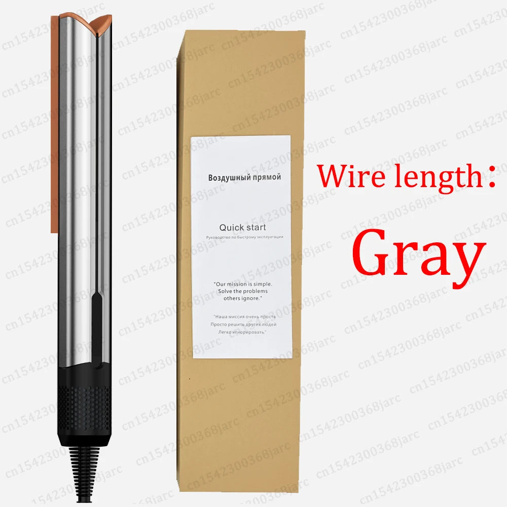 Gray 2-in-1 professional ionic hair straightener and dryer with sleek slim design and quick-start user manual.