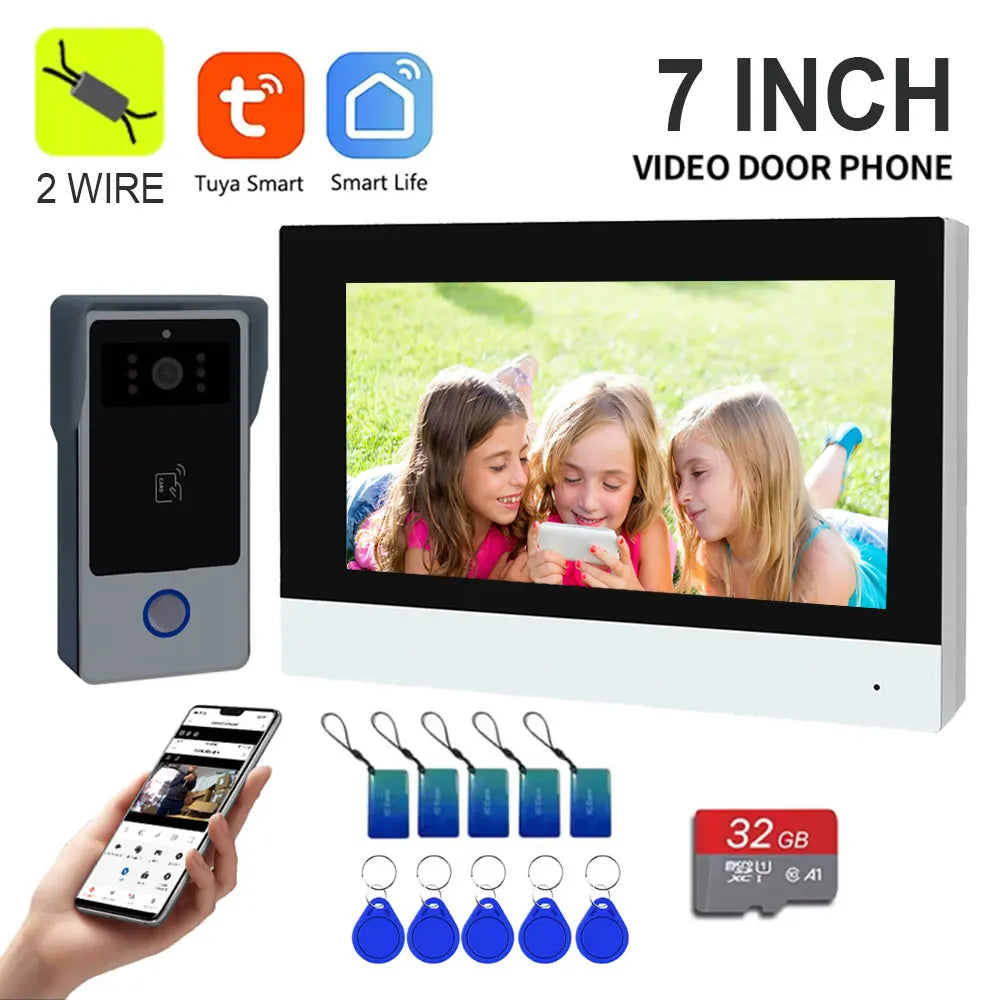 2-wire video door phone kit with 7-inch monitor, outdoor camera, phone app control, IC cards