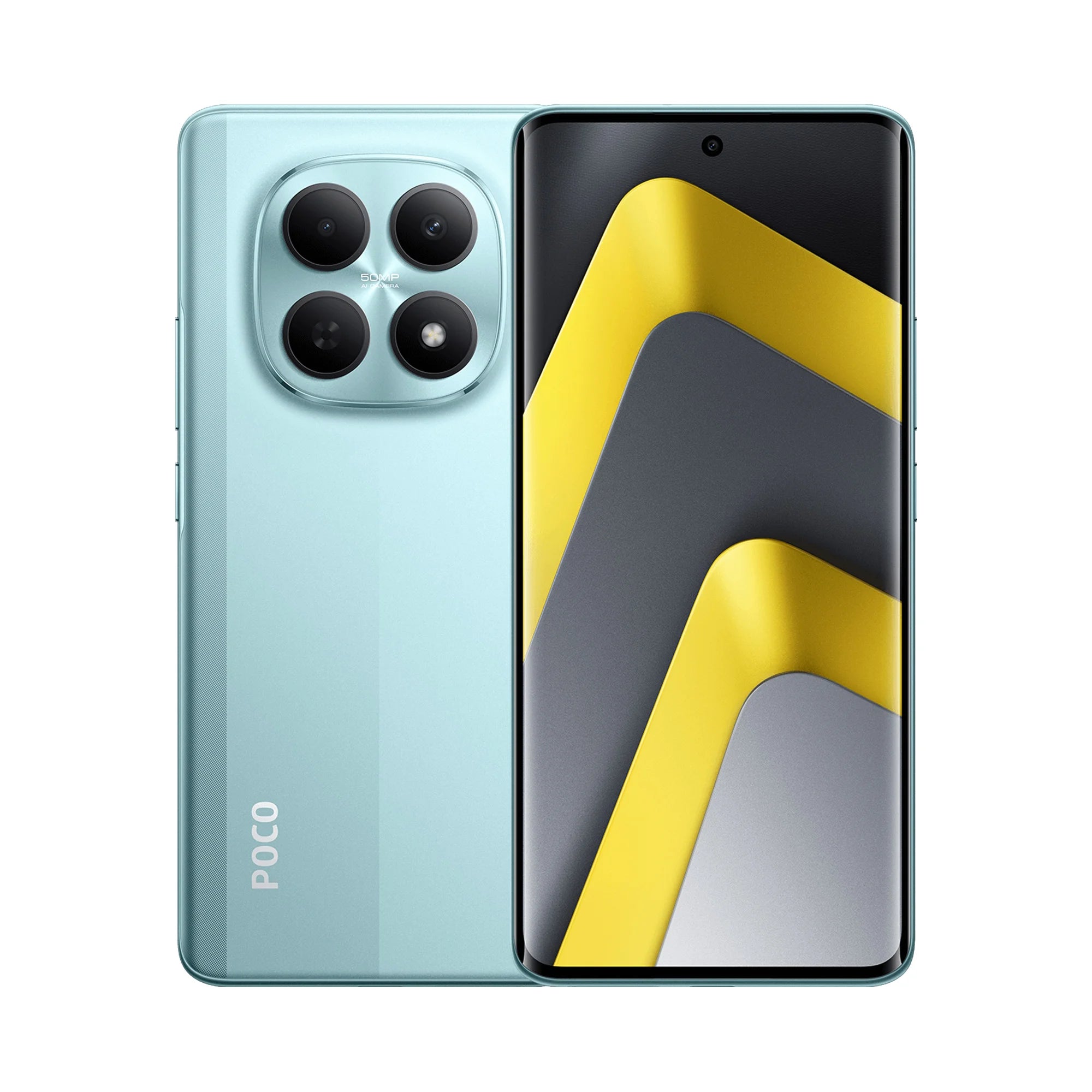 Poco X6 Pro smartphone in light blue with a square triple-camera module and a yellow and gray abstract screen design.