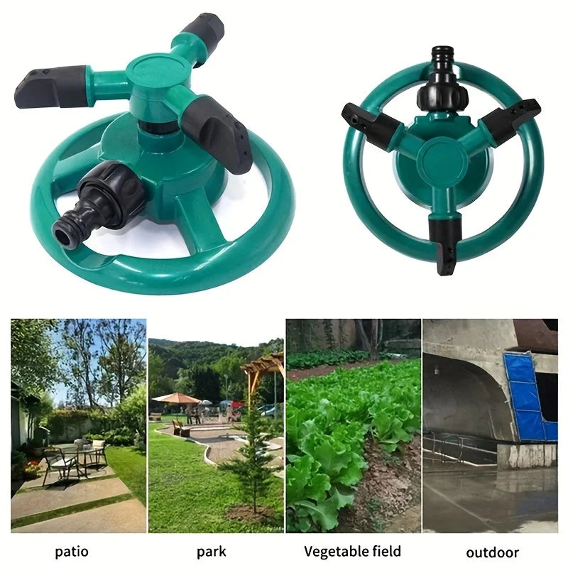 Teal rotating sprinkler head with black outlets, shown from side and top angles