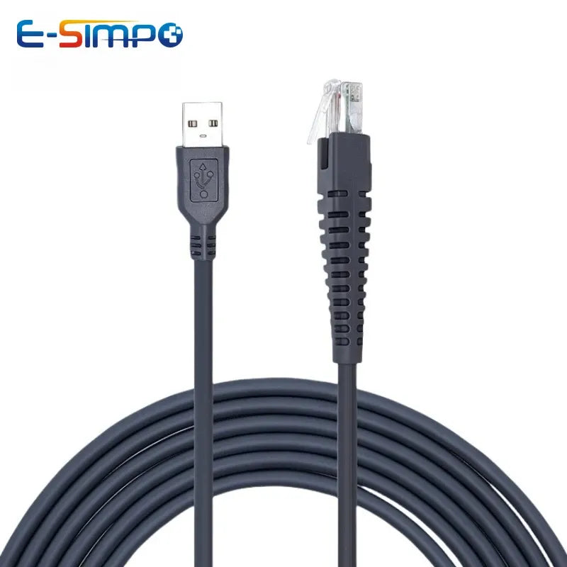 Barcode scanner USB data cable with USB-A plug and RJ45 connector ends