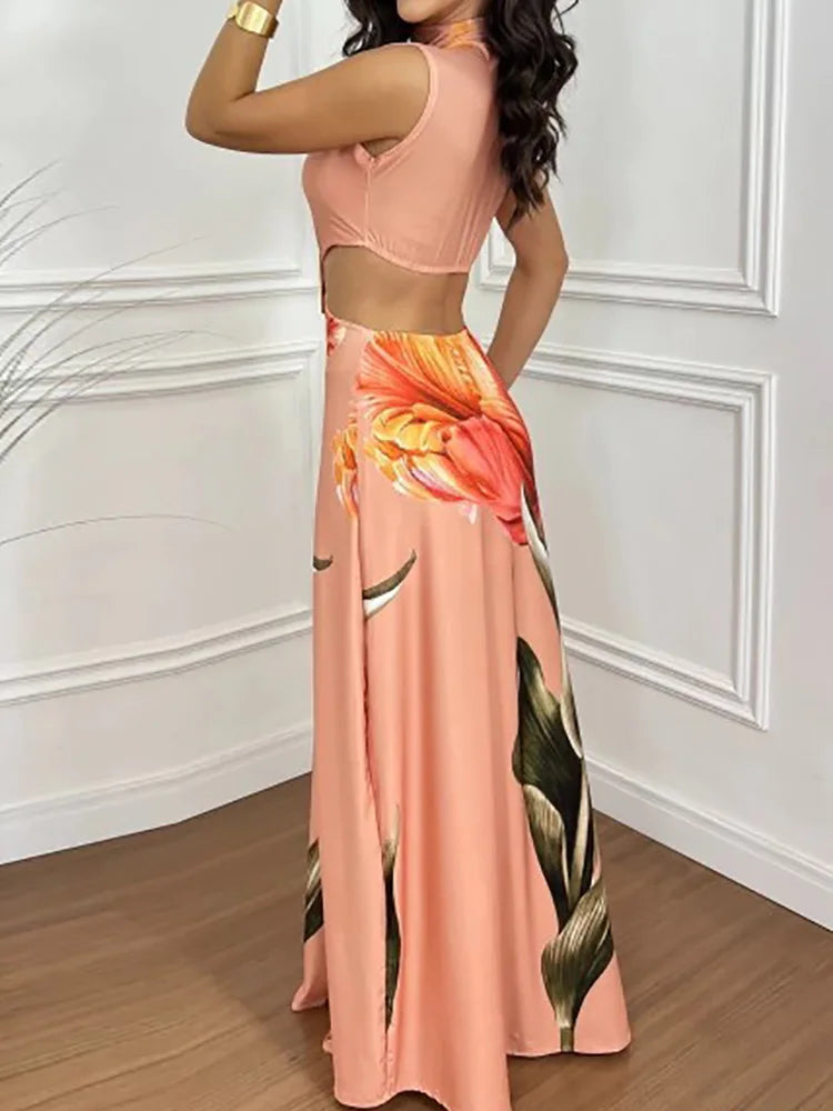 Solid Patchwork Hollow Out Fashion Maxi Dress, Women Summer Sleeveless Simple Party Dress, 2025 New Turtleneck Sexy Ladies Dress