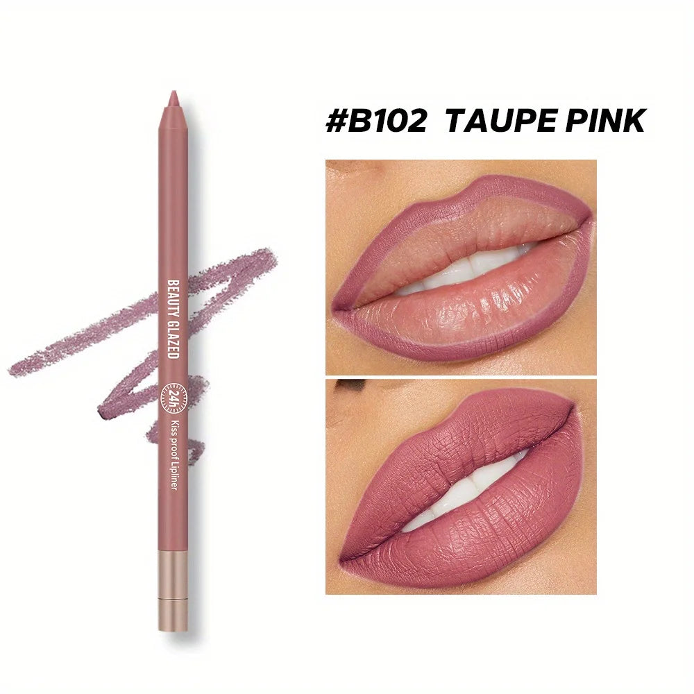 Beauty Glazed matte waterproof lip liner in Taupe Pink, showing pencil and natural lip shaping swatch application.