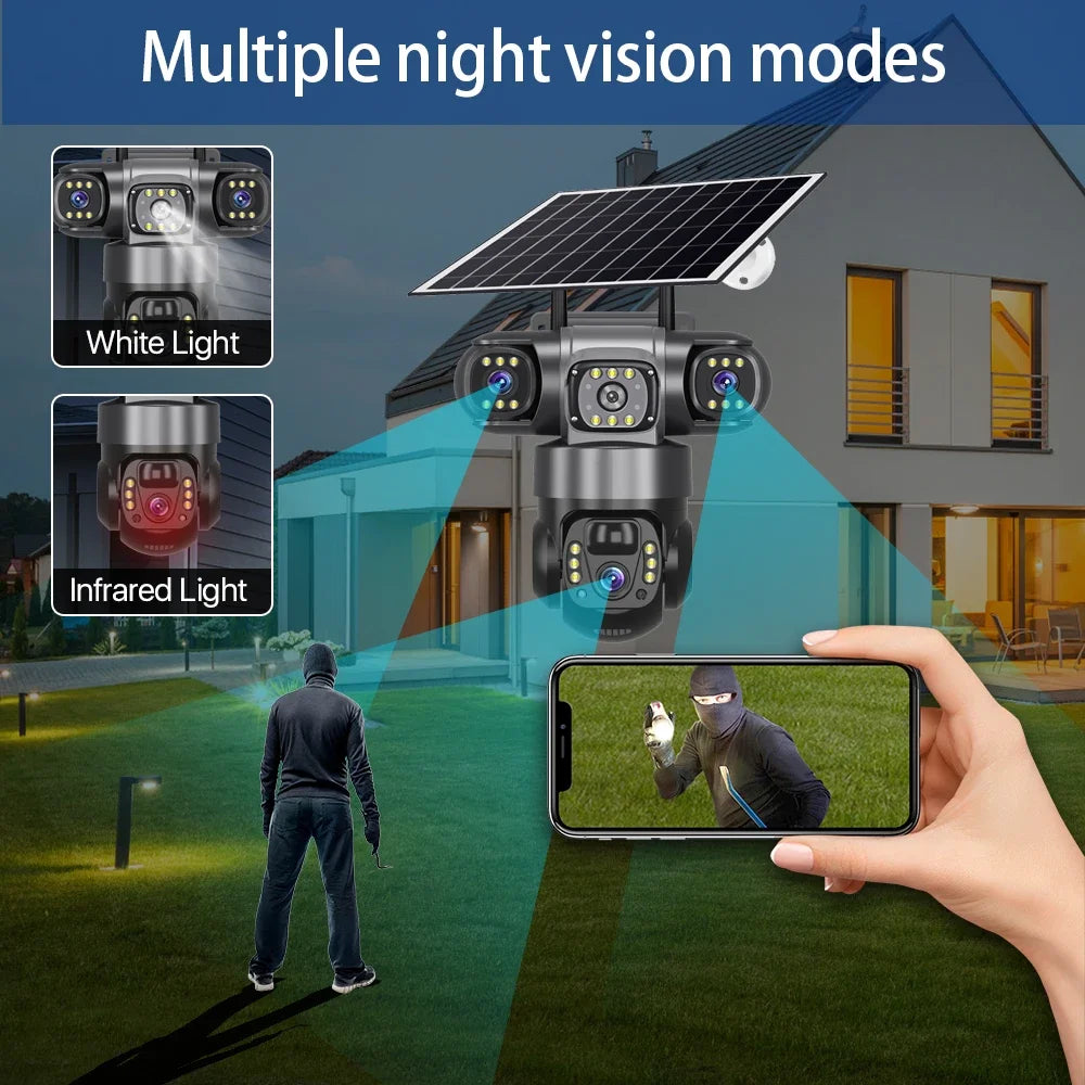 8K HD Solar Security Camera WiFi Wireless Outdoor Dual Lens Solar IP Camera PIR Human Detection Night Vision Battery CCTV Camera