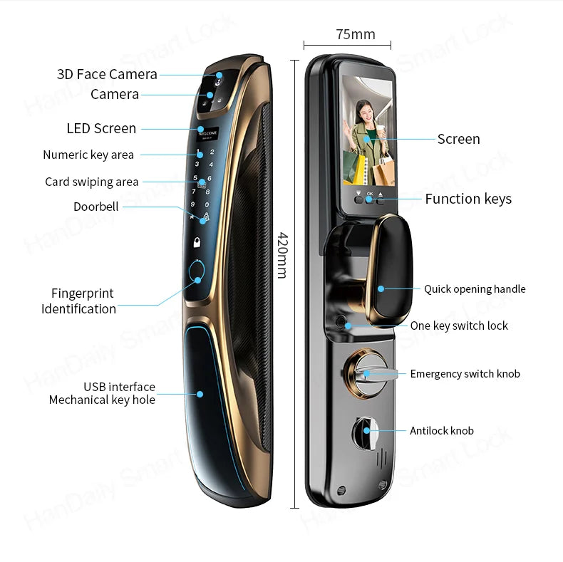 Automatic Fingerprint Electronic Digital Tuya 3D Face Recognition Door Lock Smart Cards Keys Video Camera Lock For Home