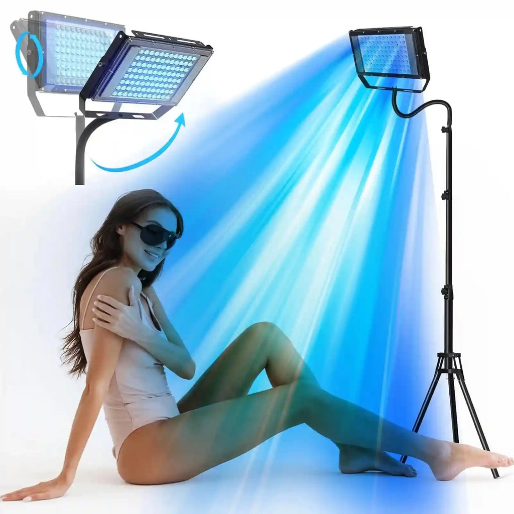 50W blue light tanning lamp on adjustable tripod stand with 96 LEDs for home body tanning and skin care treatment.
