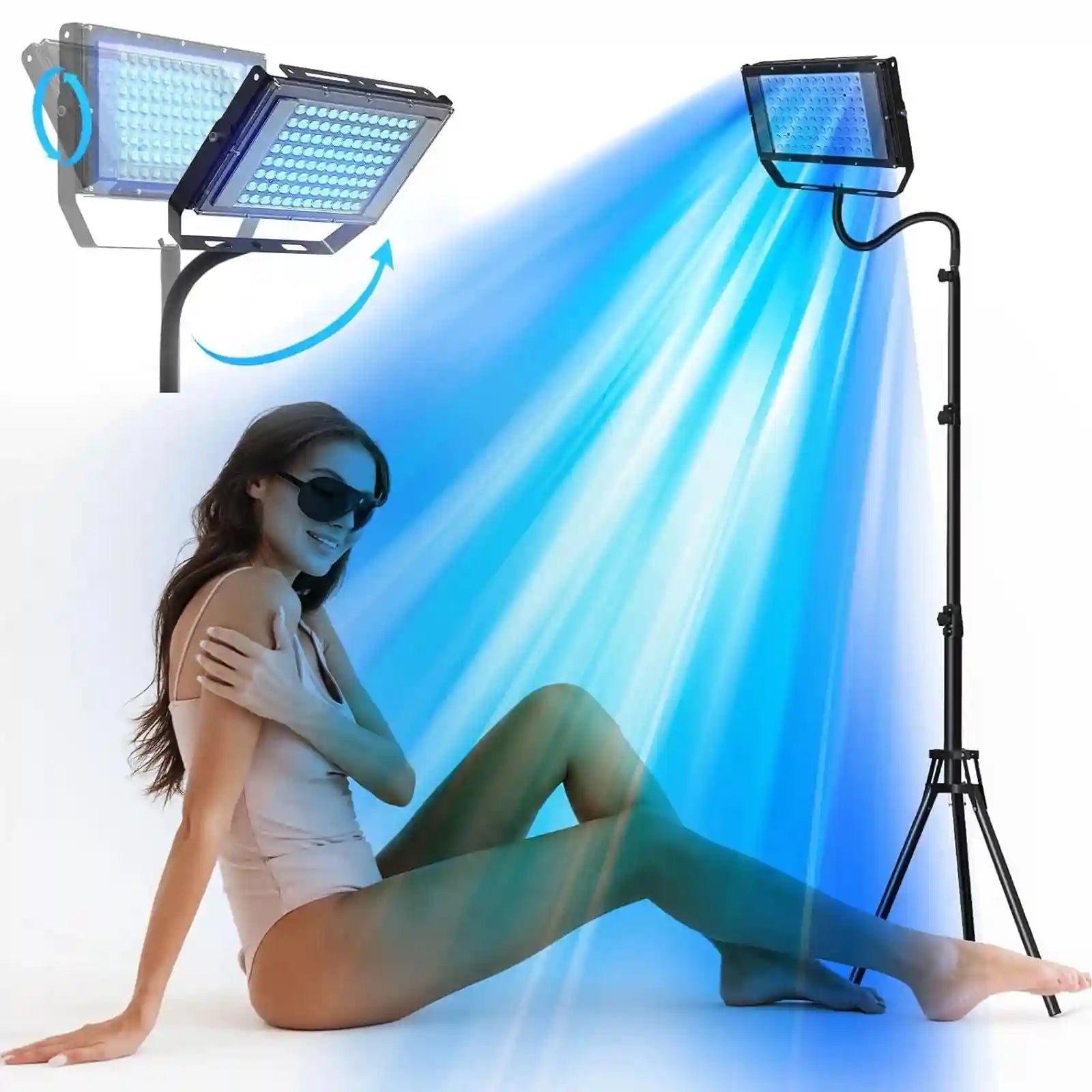 50W blue light tanning lamp on adjustable tripod stand with 96 LEDs for home body tanning and skin care treatment.