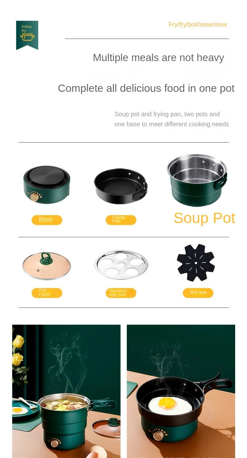 Electric multi-cooker set with soup pot, accessories, and cookware lineup on card
