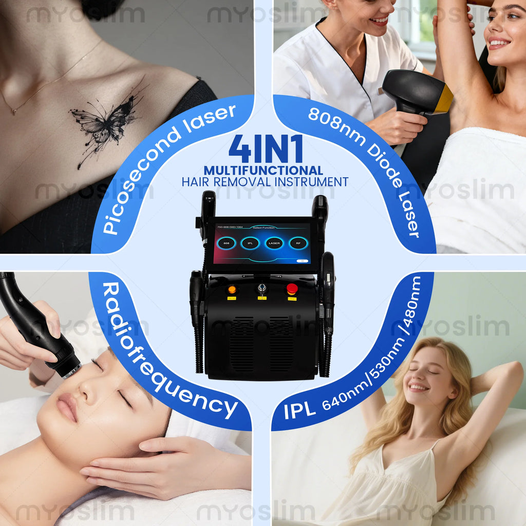 Tidesmit 4-in-1 multifunctional beauty machine showing laser handpiece and touchscreen interface for salon treatment