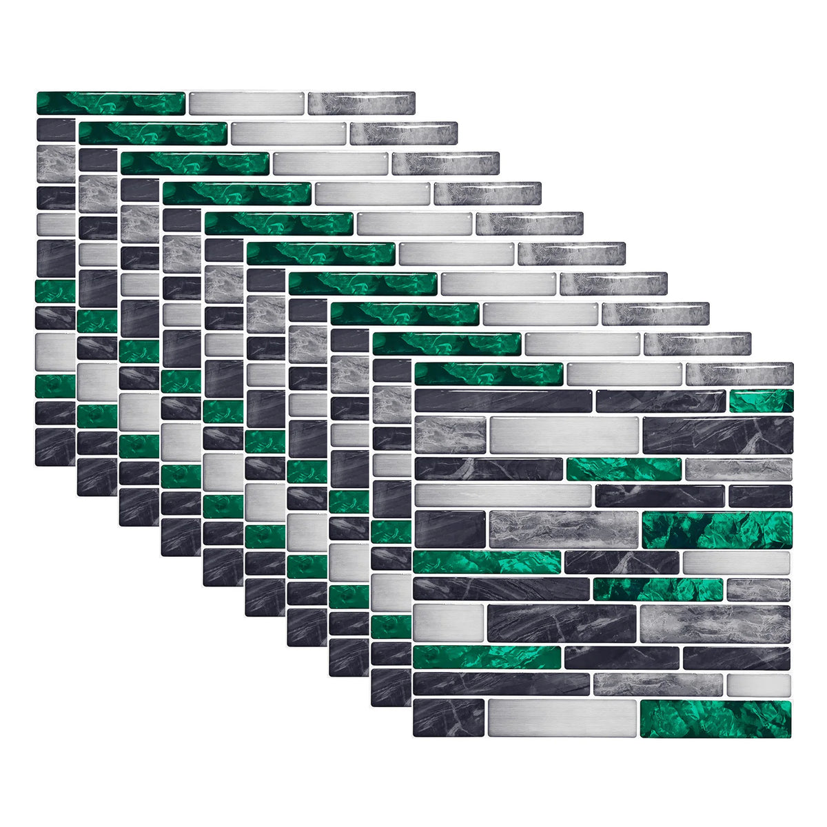 3D mosaic tile sticker set, green and gray marble brick pattern, self-adhesive 10x10cm tiles