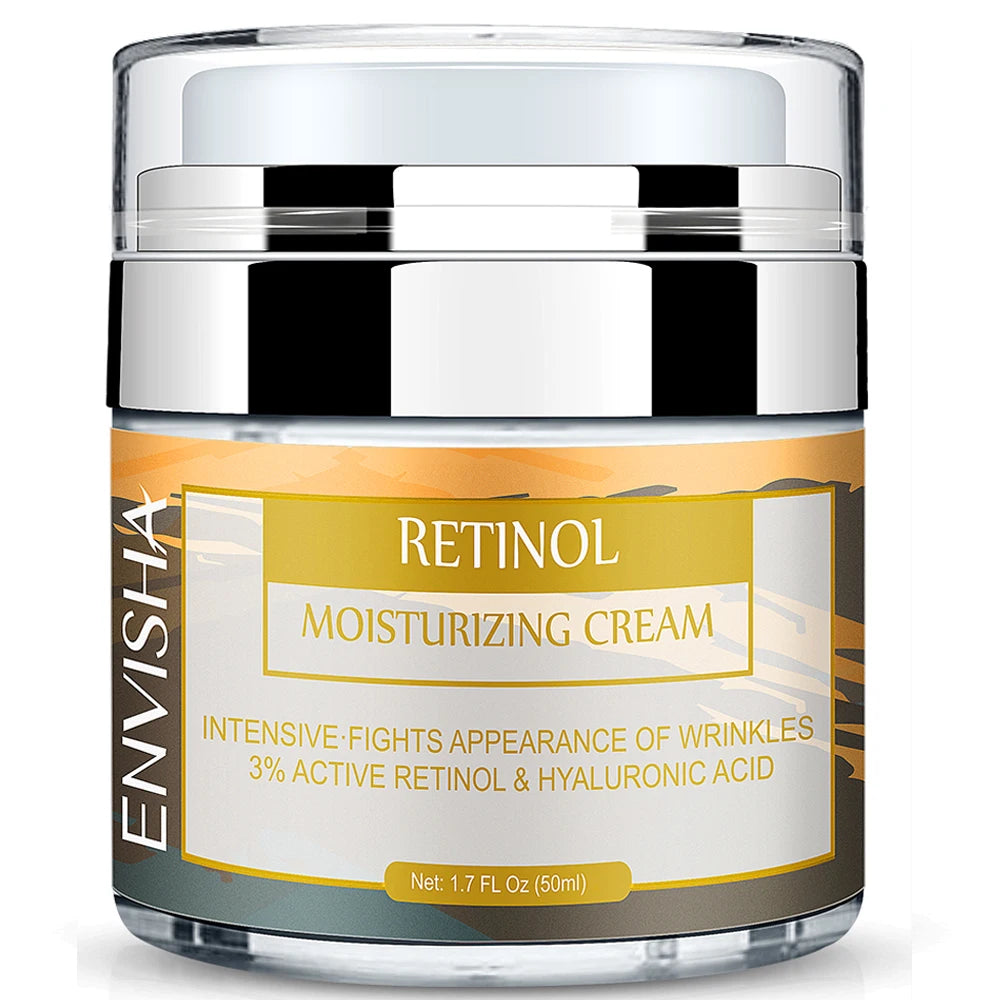 A 50ml jar of ENVISHA Retinol Moisturizing Cream with a metallic silver lid and amber-toned label.