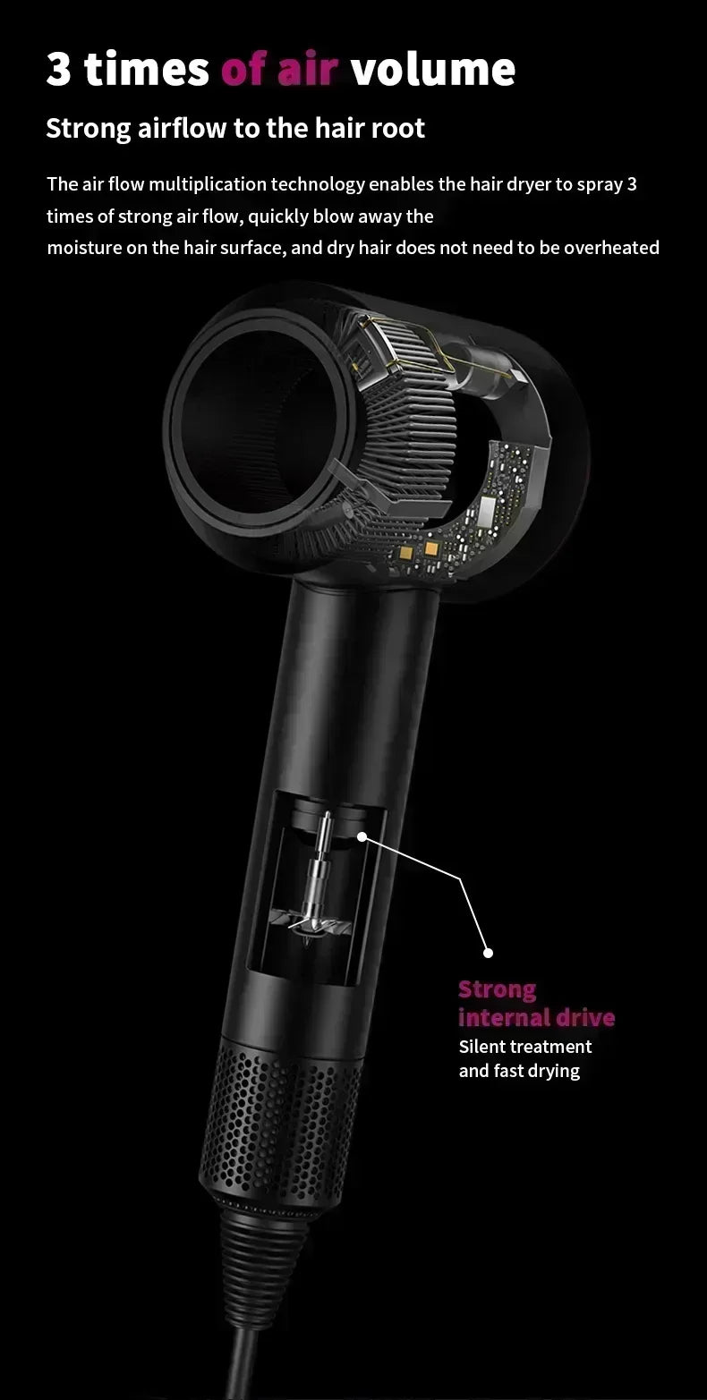 Black professional ionic hair dryer with powerful internal motor for fast, quiet styling and strong root airflow.
