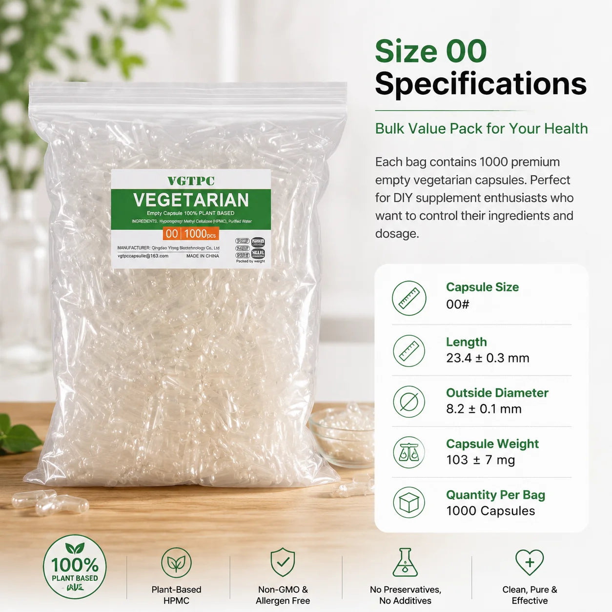 1000PCS Vegetarian Empty Pill Capsule Size 00 0 Hollow Separated Joined Vegetal Vegan Kosher Halal Certified HPMC Capsules