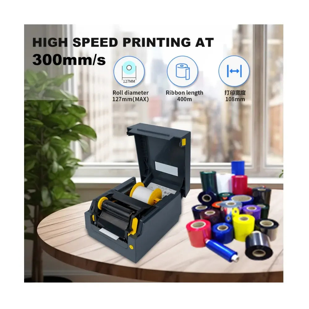 Gray desktop barcode label printer with open ribbon compartment and attached labels