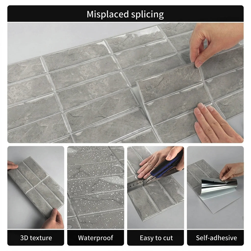 Grey Marble 3D Self Adhesive Wall Tile Stickers 30×15cm Waterproof Peel Stick Backsplash Tiles for Kitchen Bathroom Decor