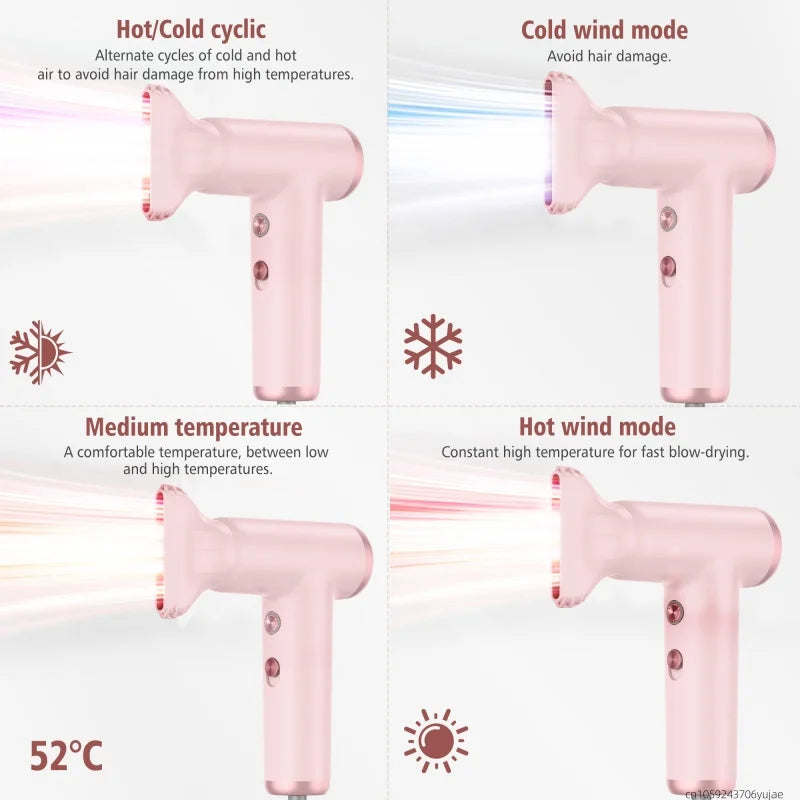 Pink portable high-speed hair dryer with 4 heat modes, including cool, hot, and cyclic settings for fast drying.
