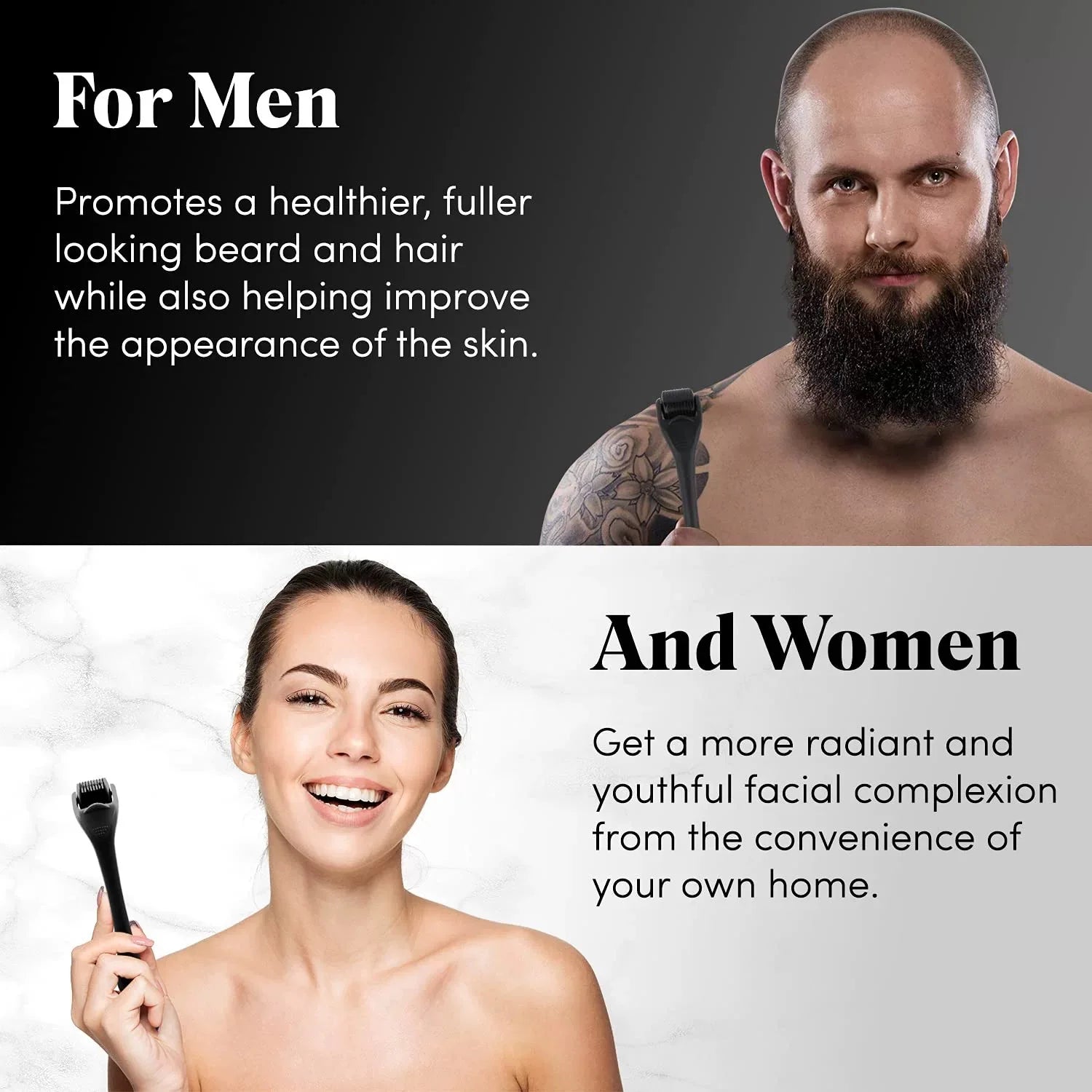 A black 540-needle derma roller held by a bearded man and a smiling woman, promoting skin and beard care.
