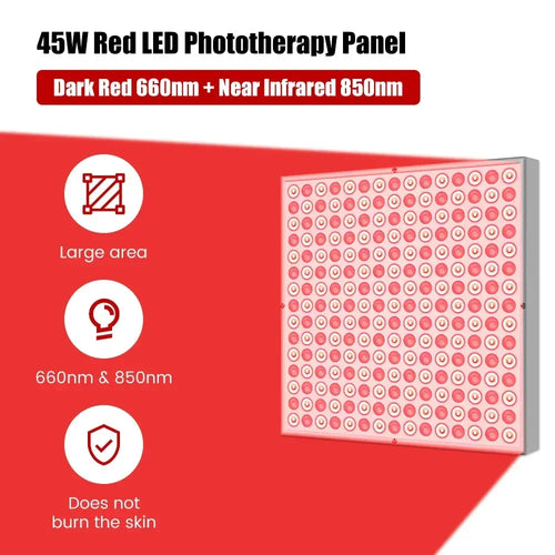 45W square red light therapy panel for skin wellness with 660nm red and 850nm near-infrared LED wavelengths.