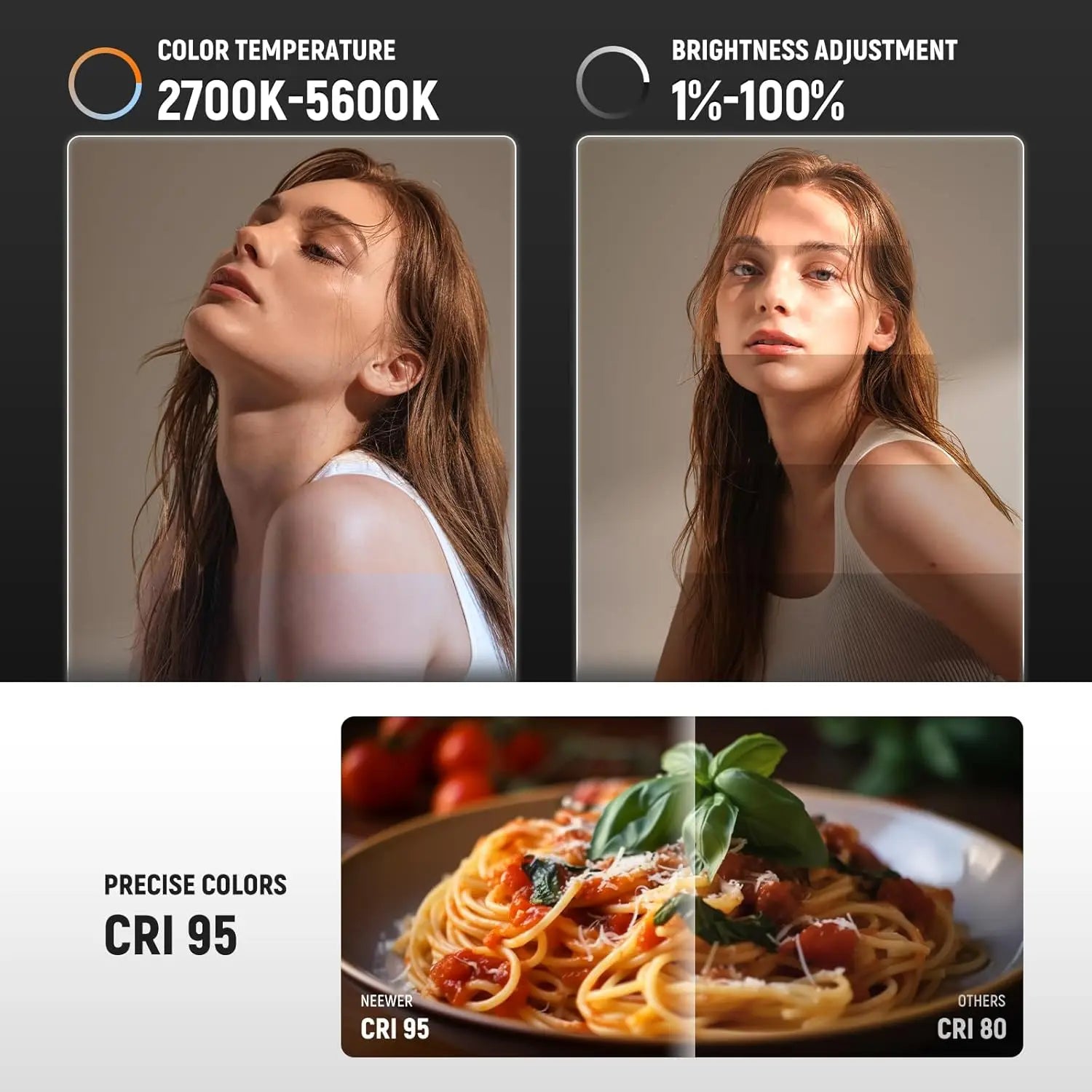 LED studio light showing adjustable color temperature, brightness levels, and high color accuracy for photography.