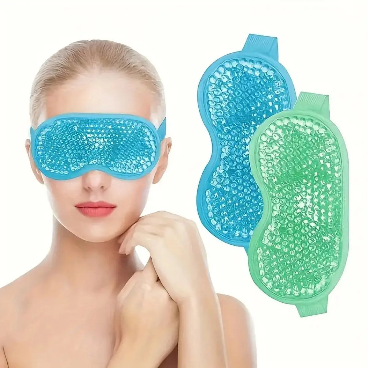 Woman wearing a blue gel bead eye mask. Two additional masks in blue and green are shown beside her.