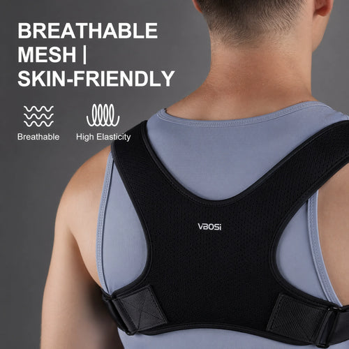 Black breathable mesh back posture corrector support brace for orthopedic pain relief and shoulder alignment.