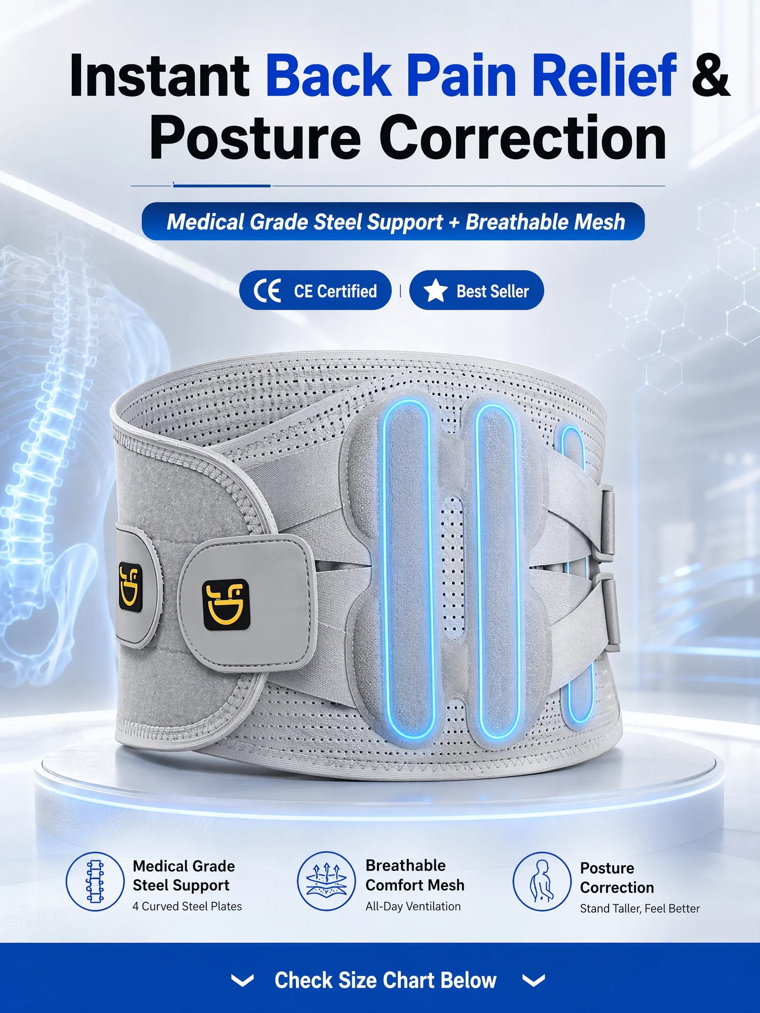 Back Brace Support Belt-Lumbar for Back Pain,Sciatica,Scoliosis,Herniated Disc Adjustable Straps-Lower with 3 Pads for Men&Women