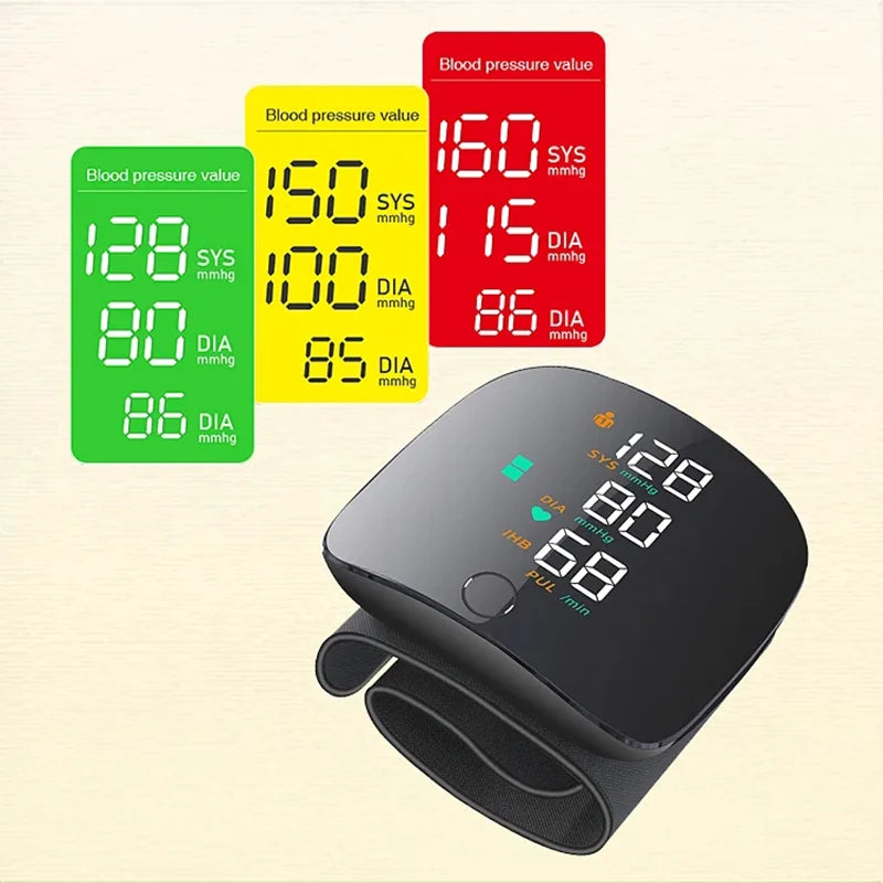Wrist Type Blood Pressure Monitor LED Display Fast Measurement Digital Tensiometer BP Tonometer Heart Rate USB Rechargeable