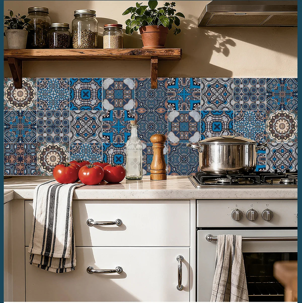 Neutral Boho Floral Tile Stickers Self Adhesive Glossy PVC Waterproof Decals Kitchen Bath Cabinet Backsplash Wall Home Deco