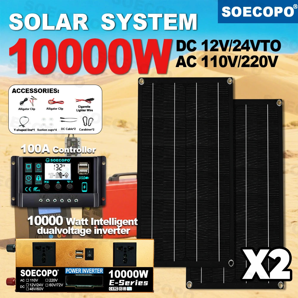 SOECOPO10000W Peak Solar System Kit 2x300W Solar Panels DC 12V 24V - AC 110V/220V Inverter 100A Controller for Home Camping