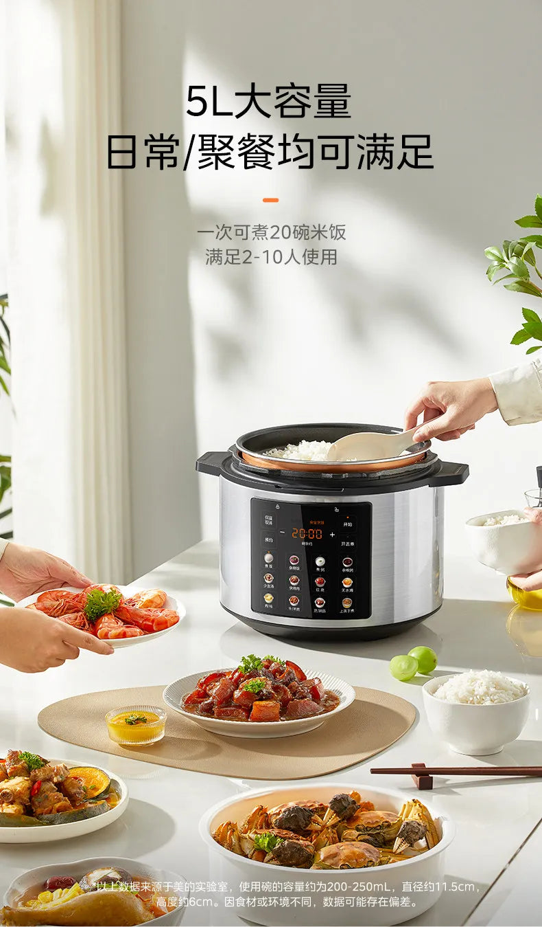 5L electric pressure cooker with food servings on dining table, lid closed.
