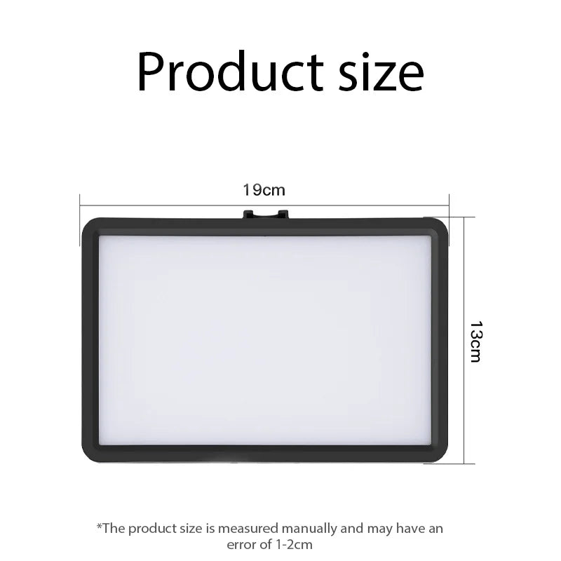 Rectangular black LED fill light panel, 19cm by 13cm, for photography and video lighting.