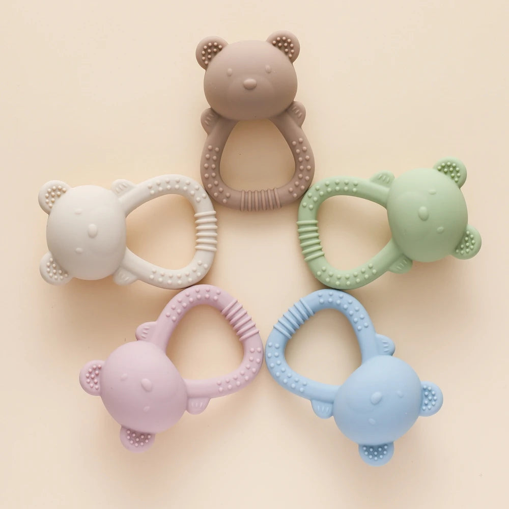 Baby Silicone Teether Bear Hand Bell Food Grade Teether Toys Rattle Baby 0-12 Months Silicone Sensory Toys Silicone Teething Toy