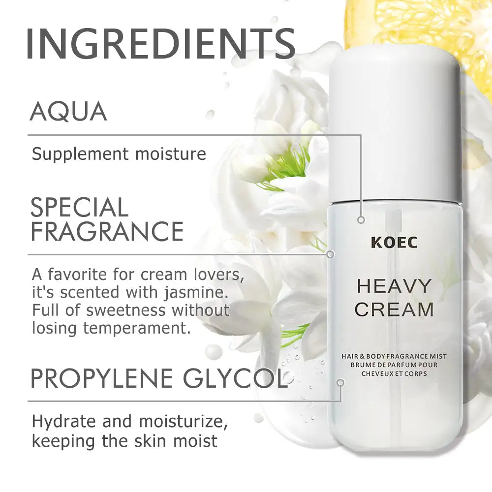 KOEC Heavy Cream 50ml moisturizing hair & body fragrance mist with jasmine, vanilla, and sugar in a sleek cylinder.