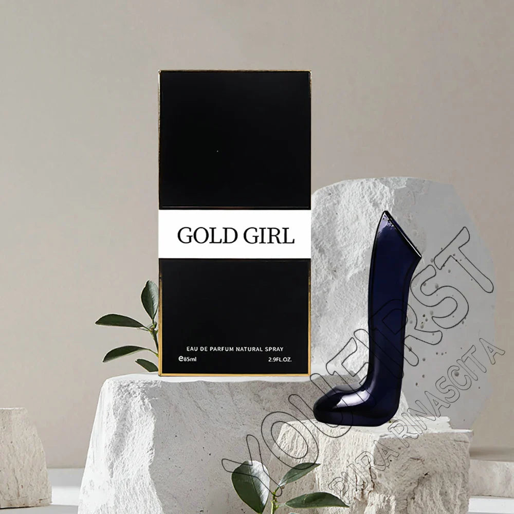 Gold Girl Eau de Parfum for women: 85ml floral spray in a sleek stiletto-shaped bottle. Luxury long-lasting fragrance.