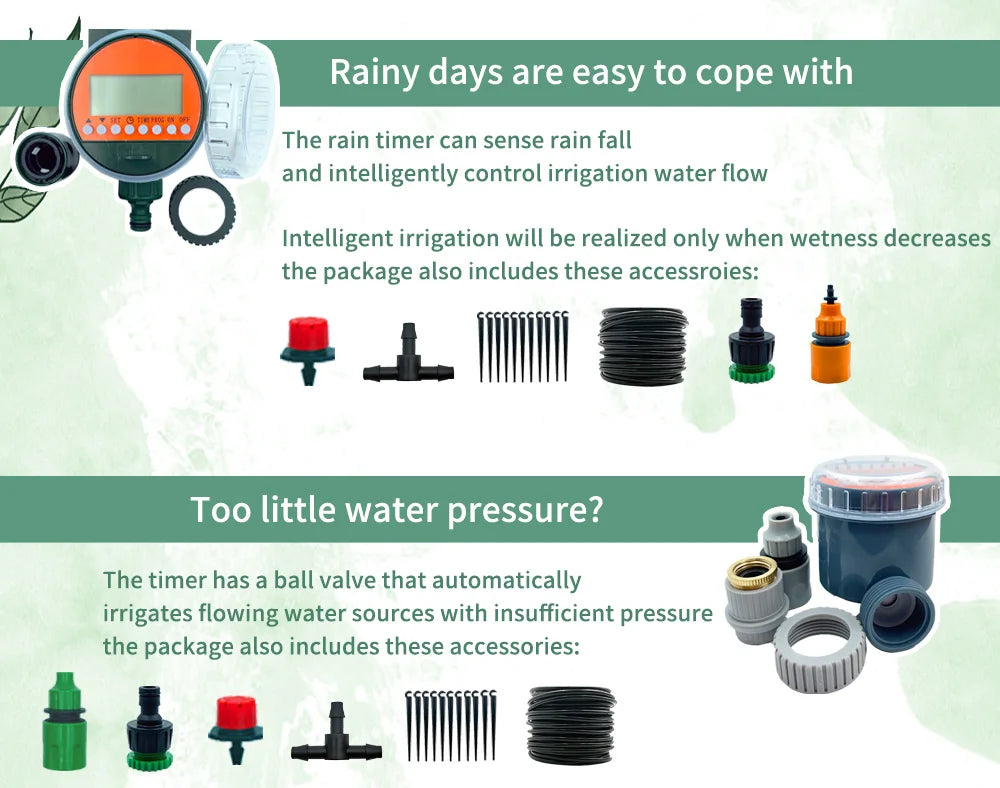Rain-sensing irrigation timer with sprinkler adaptors, filter, and tubing accessories