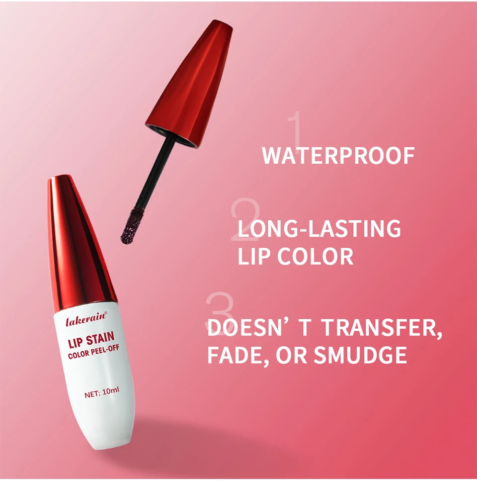 Lakerain waterproof peel-off lip stain with applicator, long-lasting matte red lip color, smudge-proof makeup.