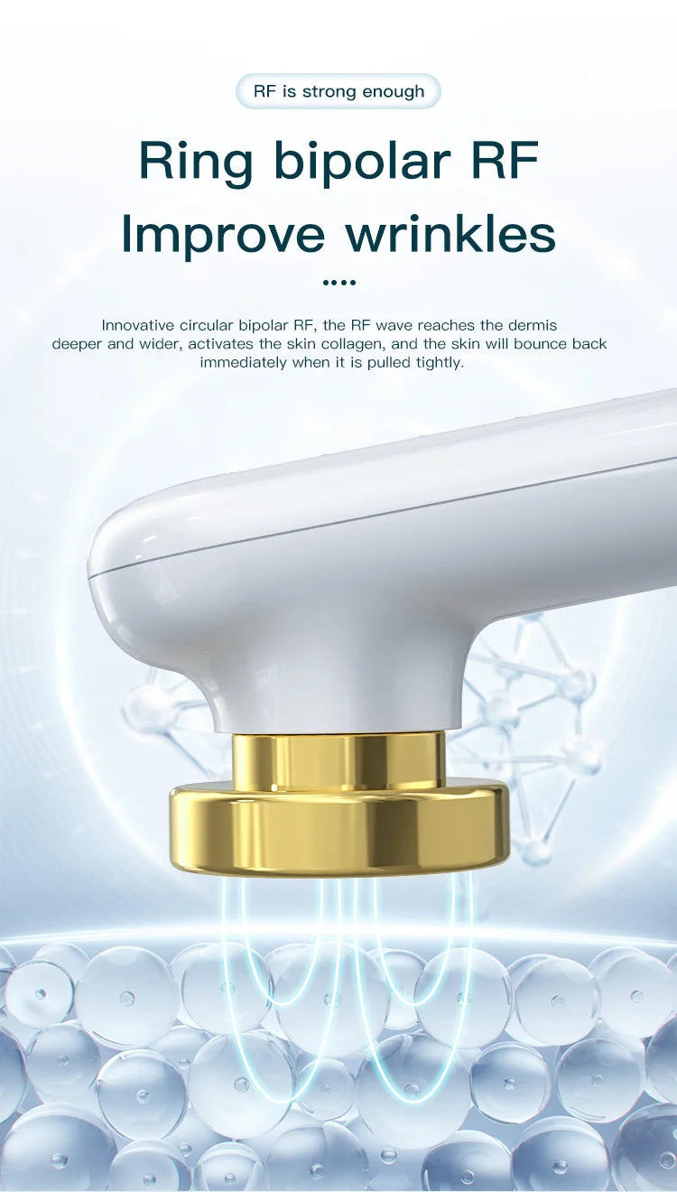 White and gold handheld RF skin tightening device with a circular treatment head, shown above floating spheres.
