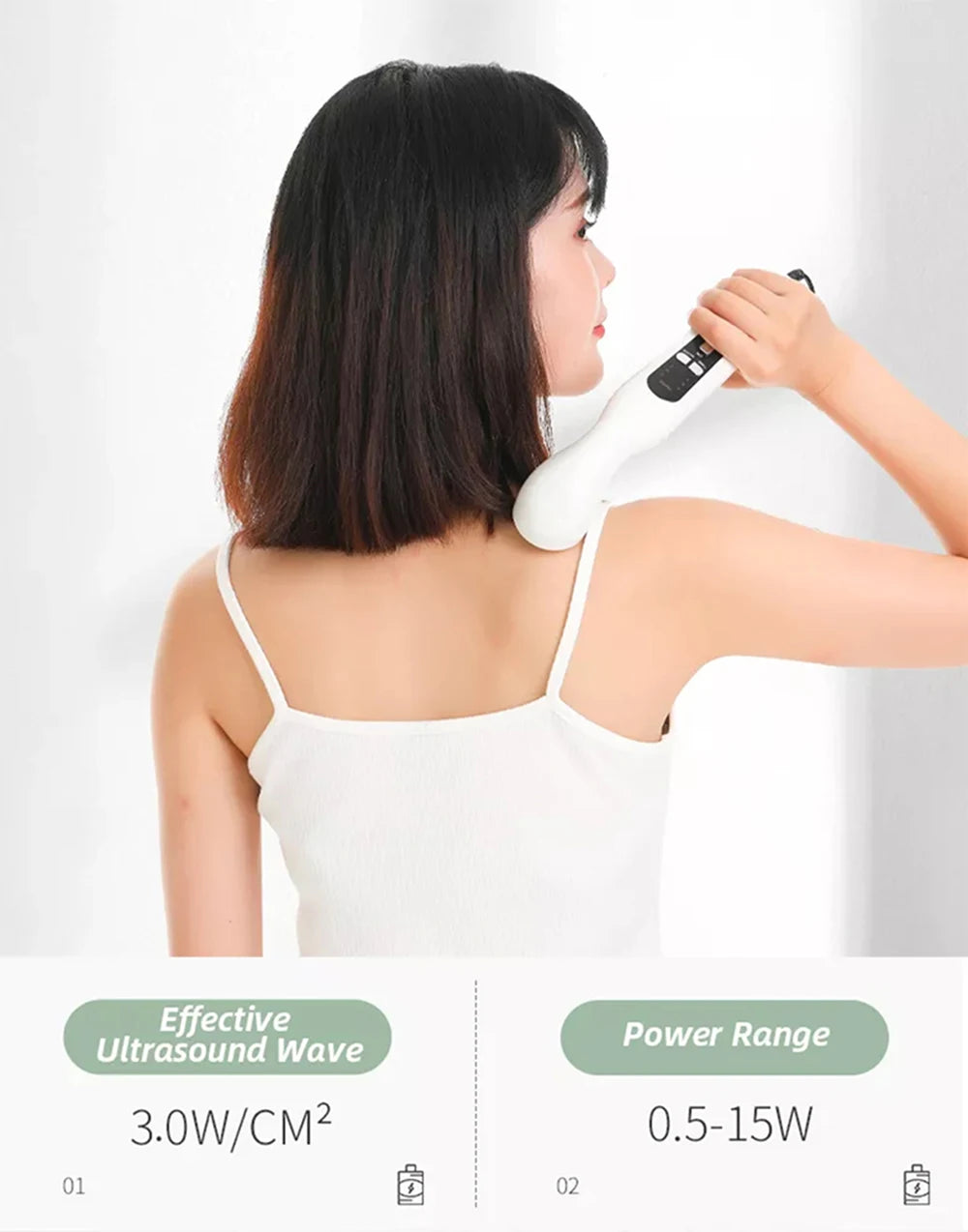 Woman using a white portable ultrasound physiotherapy device for shoulder pain relief and muscle massage.