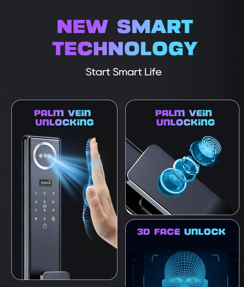 Tuya APP 3D Face Recognition Unlock Digital Door Lock With Camera FIngerprint Password Unlock Keyless Electronic Door Lock