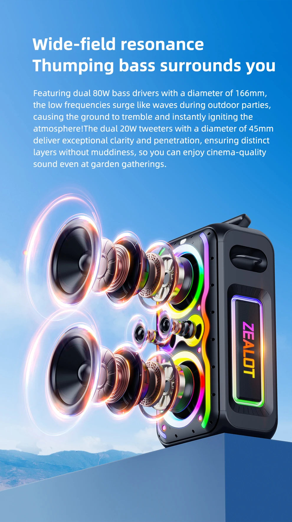 Zealot-PT21 Large Portable Bluetooth Speaker Loudest，200W Deep Bass, V5.3 Big Party Boombox Wireless Speaker For Camping Hiking